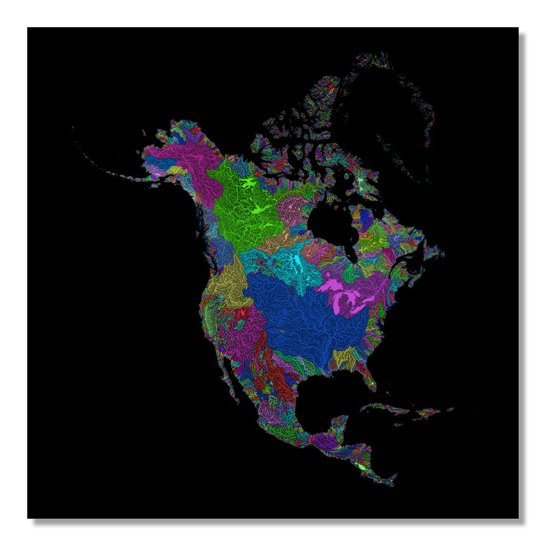 North America - River basin map, rainbow colours - Wall Art by Grasshopper Geography. Image of a high-resolution map created by geographer Robert Szucs, available as wall art and for licensing.