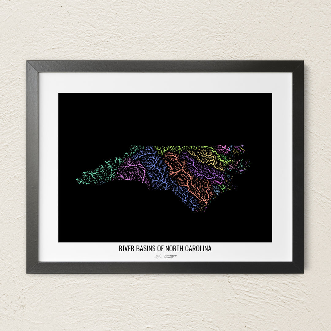 A colorful Grasshopper Geography river map on a light wall. The premium fine art poster is in a black frame with a white border. The name of the country, continent or region is printed under the image.