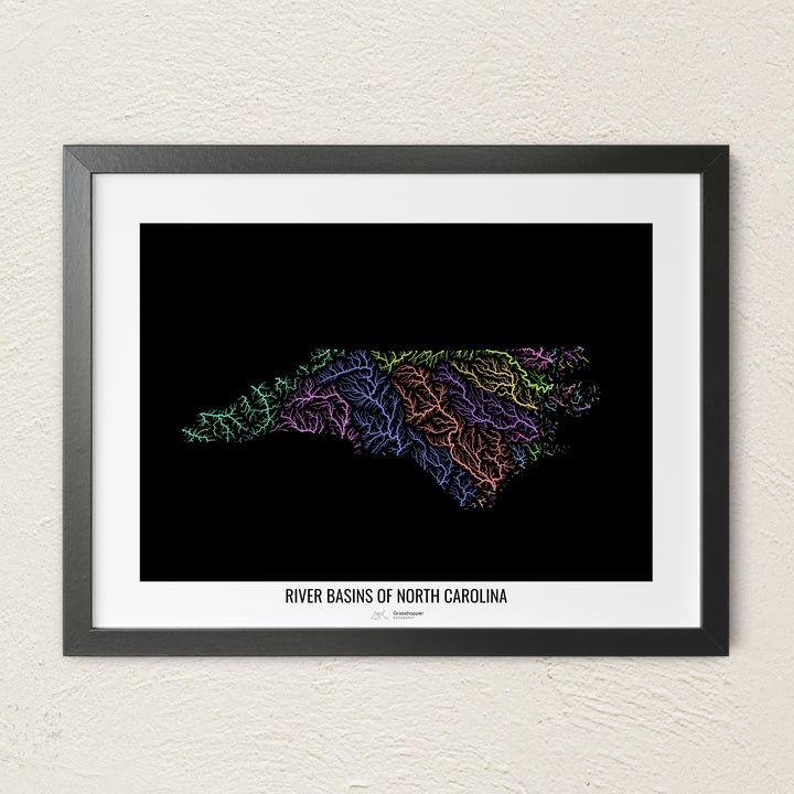 A colorful Grasshopper Geography river map on a light wall. The premium fine art poster is in a black frame with a white border. The name of the country, continent or region is printed under the image.