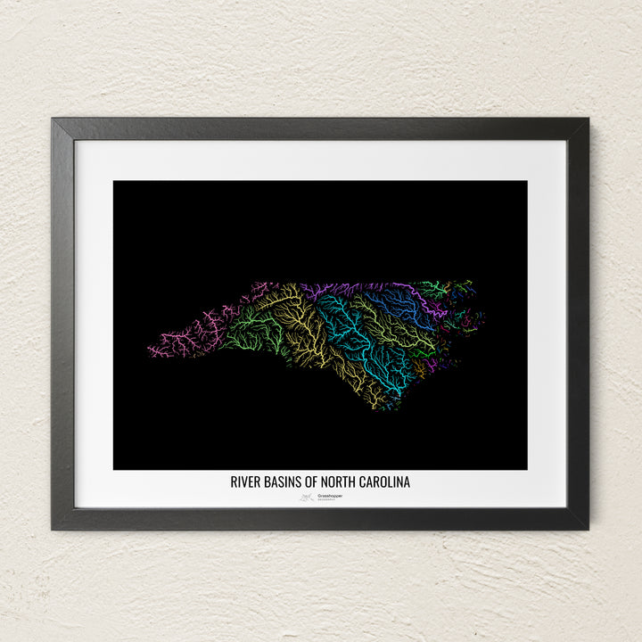 A colorful Grasshopper Geography river map on a light wall. The premium fine art poster is in a black frame with a white border. The name of the country, continent or region is printed under the image.