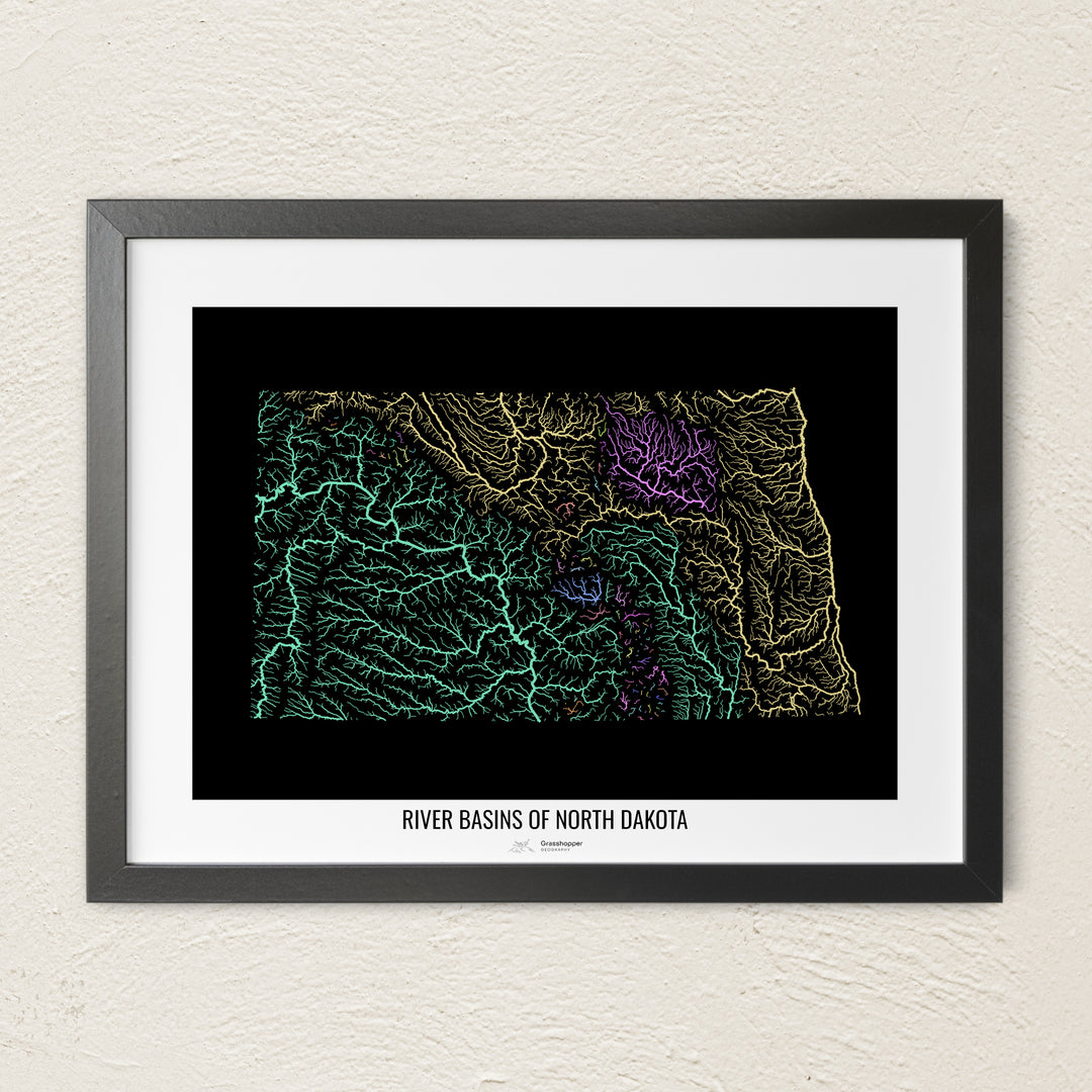 A colorful Grasshopper Geography river map on a light wall. The premium fine art poster is in a black frame with a white border. The name of the country, continent or region is printed under the image.