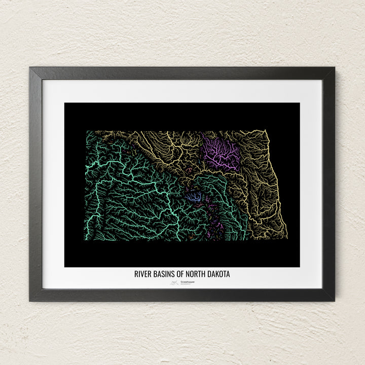 A colorful Grasshopper Geography river map on a light wall. The premium fine art poster is in a black frame with a white border. The name of the country, continent or region is printed under the image.