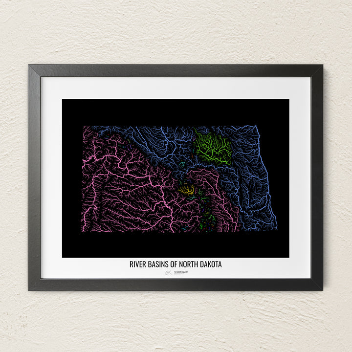A colorful Grasshopper Geography river map on a light wall. The premium fine art poster is in a black frame with a white border. The name of the country, continent or region is printed under the image.