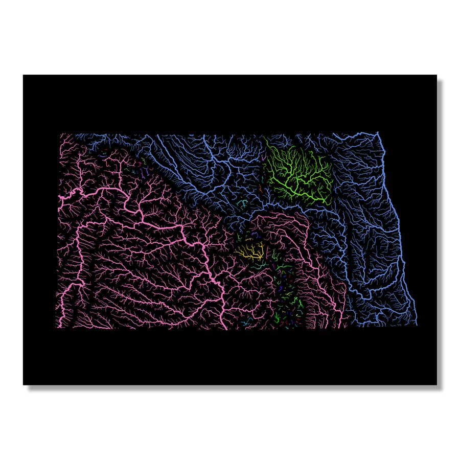 North Dakota - River basin map, rainbow colours - Wall Art by Grasshopper Geography. Image of a high-resolution map created by geographer Robert Szucs, available as wall art and for licensing.