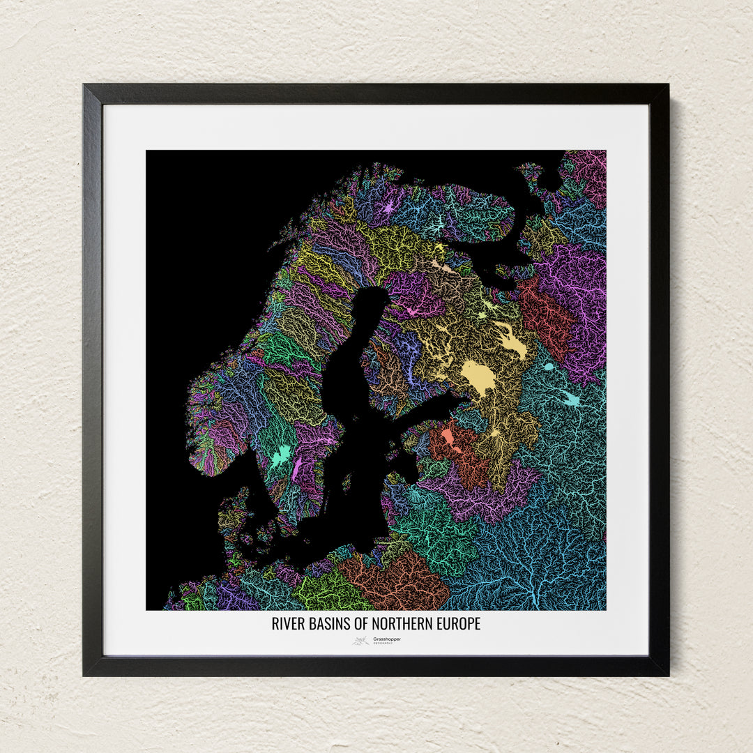 A colorful Grasshopper Geography river map on a light wall. The premium fine art poster is in a black frame with a white border. The name of the country, continent or region is printed under the image.