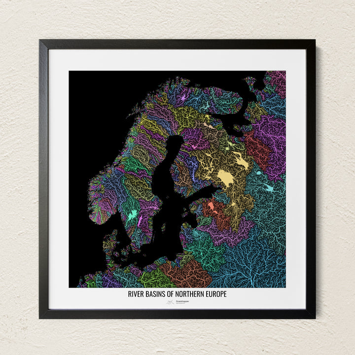A colorful Grasshopper Geography river map on a light wall. The premium fine art poster is in a black frame with a white border. The name of the country, continent or region is printed under the image.