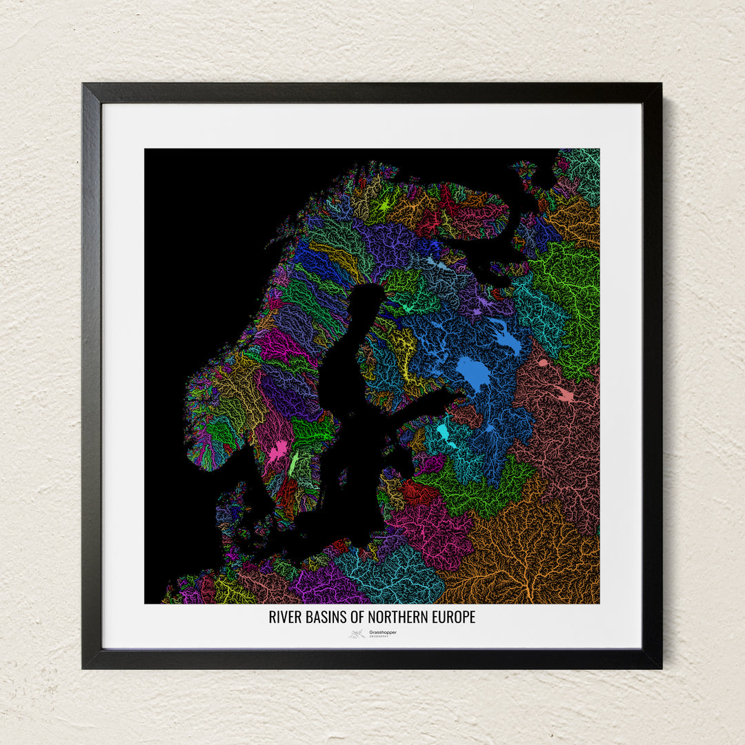 A colorful Grasshopper Geography river map on a light wall. The premium fine art poster is in a black frame with a white border. The name of the country, continent or region is printed under the image.