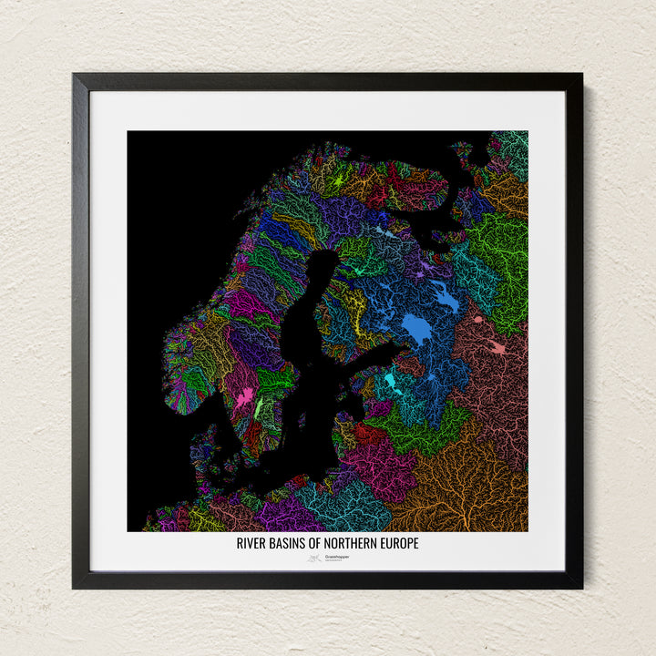 A colorful Grasshopper Geography river map on a light wall. The premium fine art poster is in a black frame with a white border. The name of the country, continent or region is printed under the image.