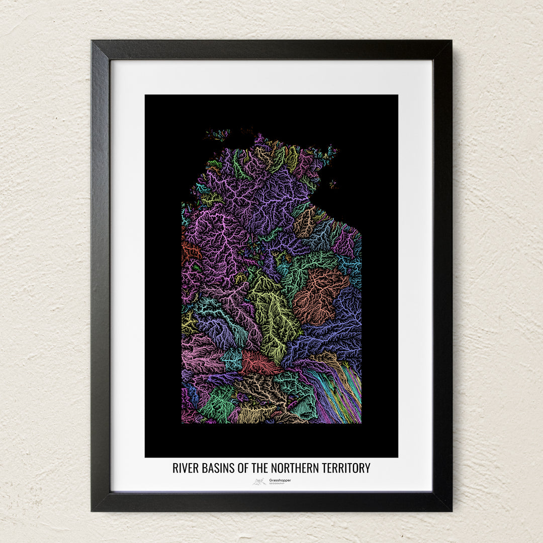 A colorful Grasshopper Geography river map on a light wall. The premium fine art poster is in a black frame with a white border. The name of the country, continent or region is printed under the image.