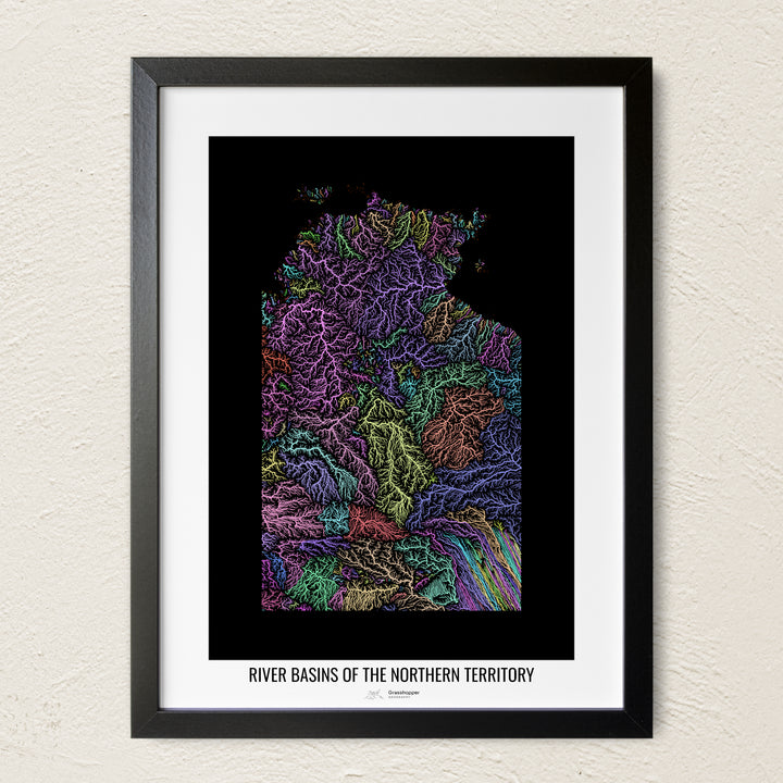 A colorful Grasshopper Geography river map on a light wall. The premium fine art poster is in a black frame with a white border. The name of the country, continent or region is printed under the image.