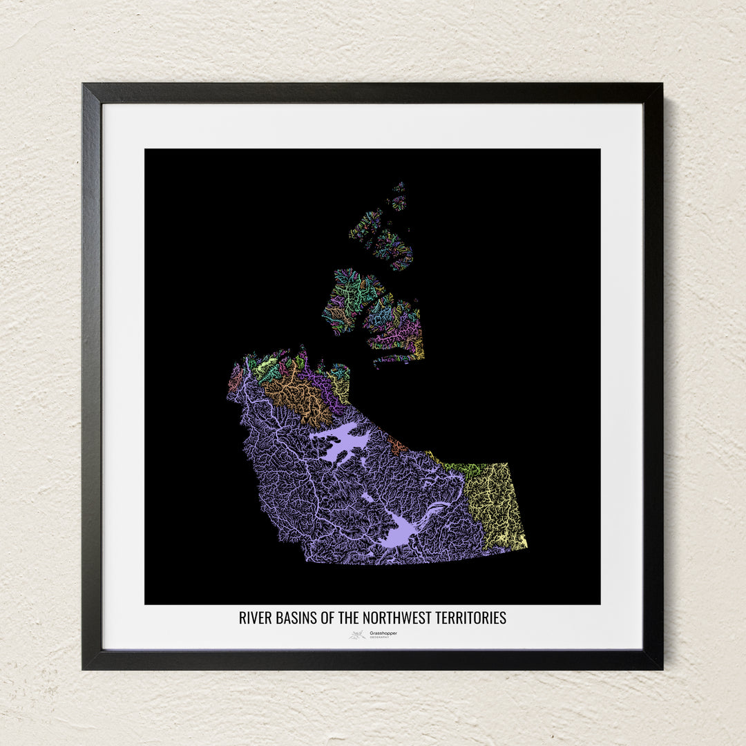 A colorful Grasshopper Geography river map on a light wall. The premium fine art poster is in a black frame with a white border. The name of the country, continent or region is printed under the image.