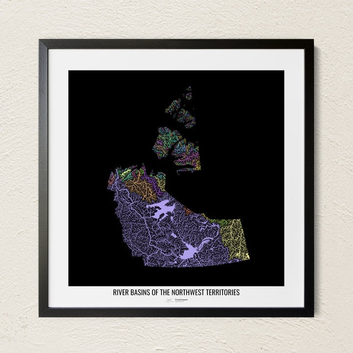 A colorful Grasshopper Geography river map on a light wall. The premium fine art poster is in a black frame with a white border. The name of the country, continent or region is printed under the image.