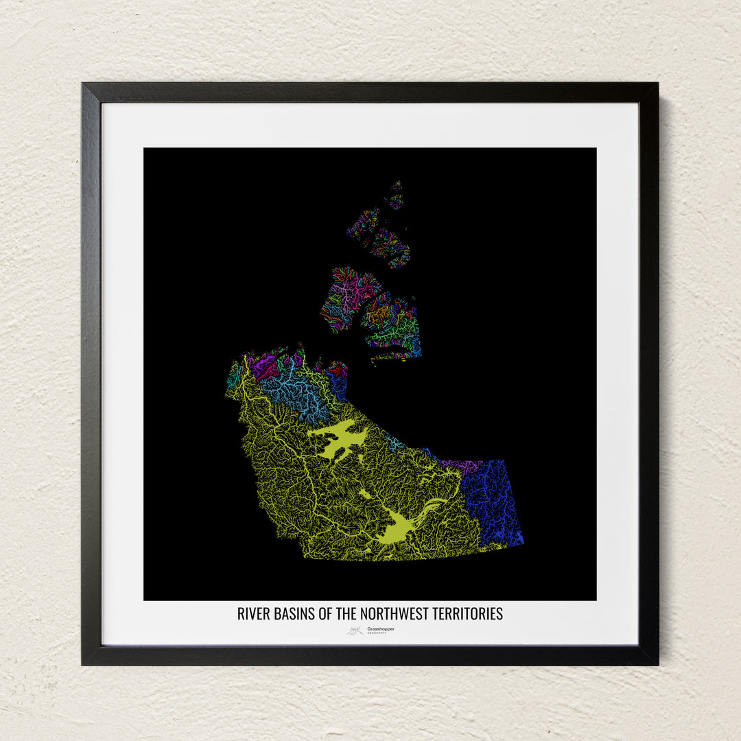 A colorful Grasshopper Geography river map on a light wall. The premium fine art poster is in a black frame with a white border. The name of the country, continent or region is printed under the image.