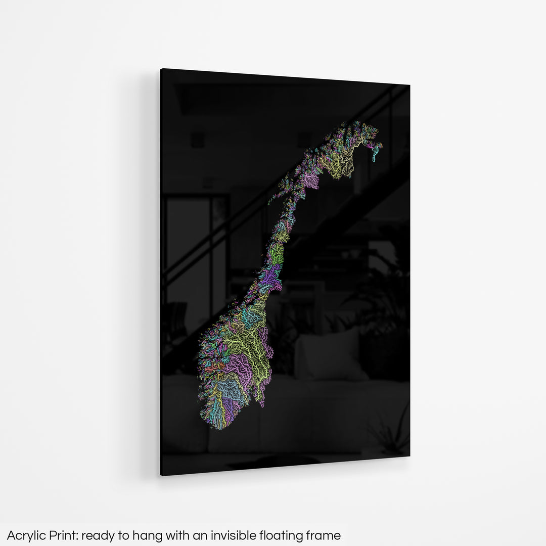 A colourful Grasshopper Geography map hanging on a white wall. The text at the bottom reads: Acrylic print - ready to hang with an invisible floating frame.