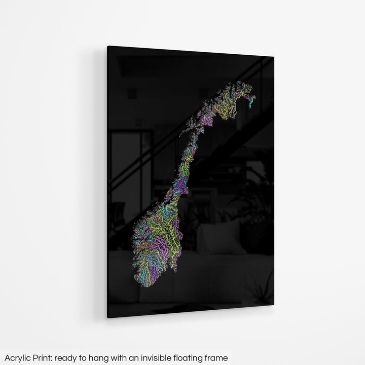 A colourful Grasshopper Geography map hanging on a white wall. The text at the bottom reads: Acrylic print - ready to hang with an invisible floating frame.