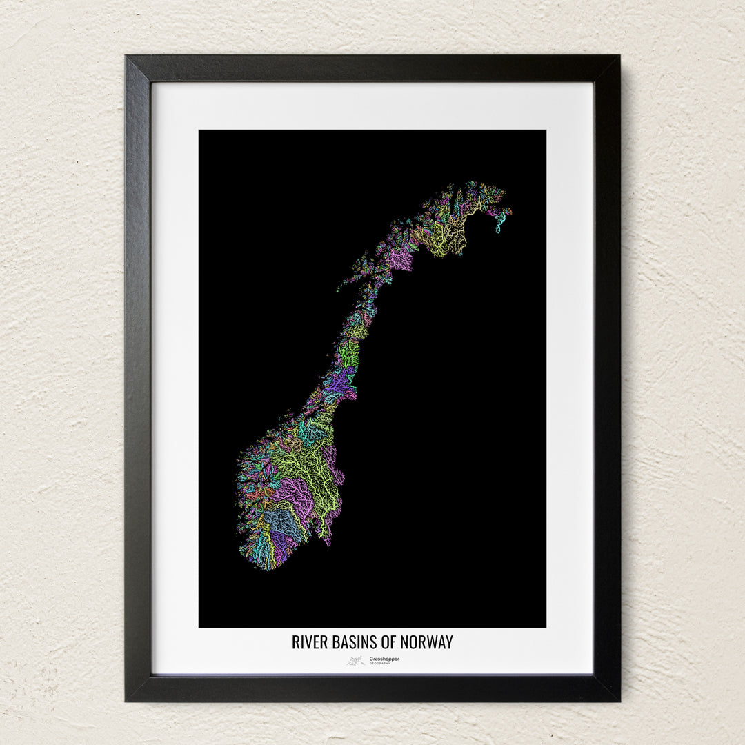 A colorful Grasshopper Geography river map on a light wall. The premium fine art poster is in a black frame with a white border. The name of the country, continent or region is printed under the image.