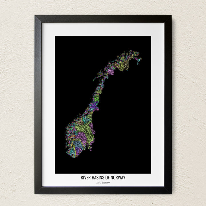 A colorful Grasshopper Geography river map on a light wall. The premium fine art poster is in a black frame with a white border. The name of the country, continent or region is printed under the image.