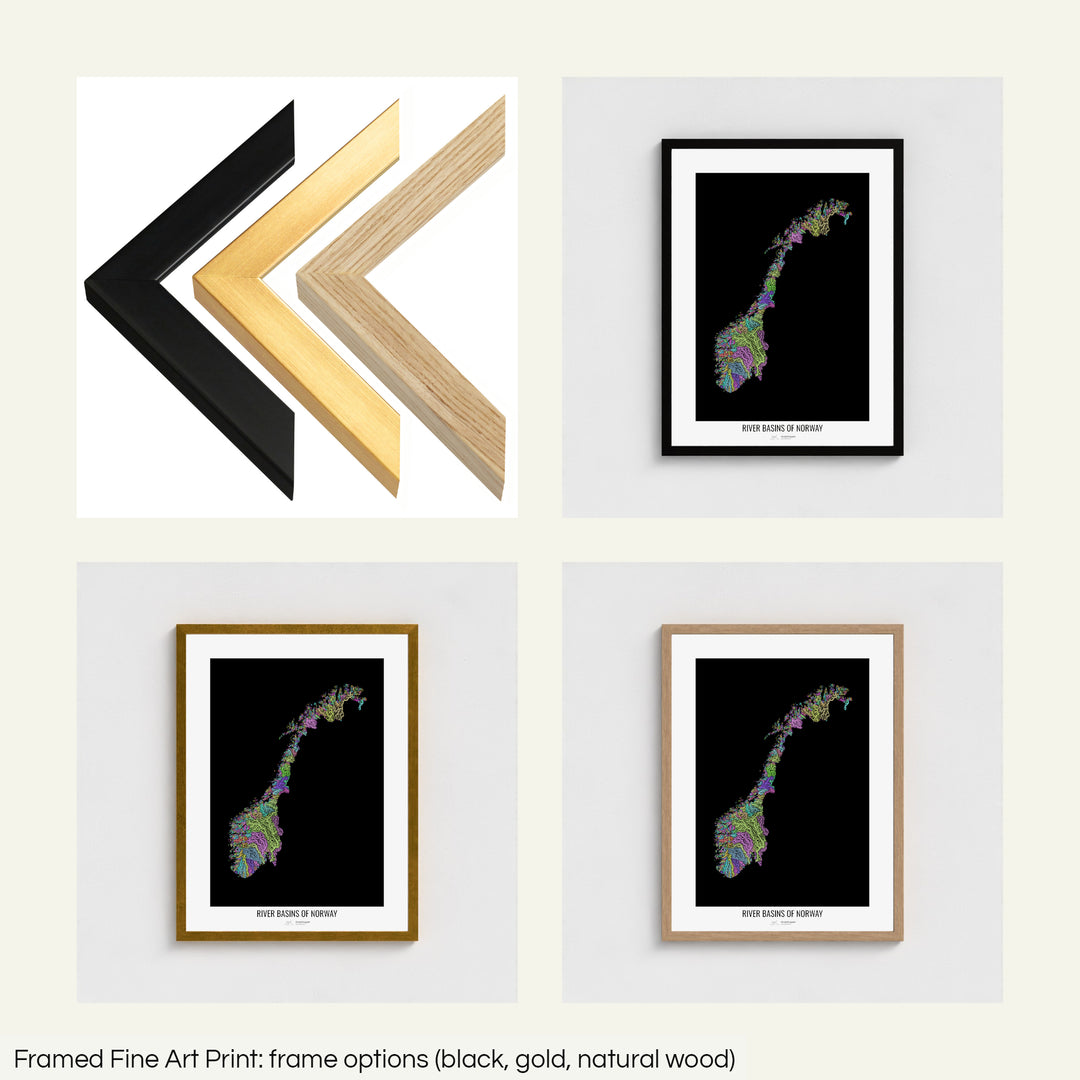 The image shows the different frames available at Grasshopper Geography's map shop: black, golden and natural wood. The image is a collection of four smaller pictures: the first one shows the wooden frames up close, the other three are mockups of the printed map in each frame.