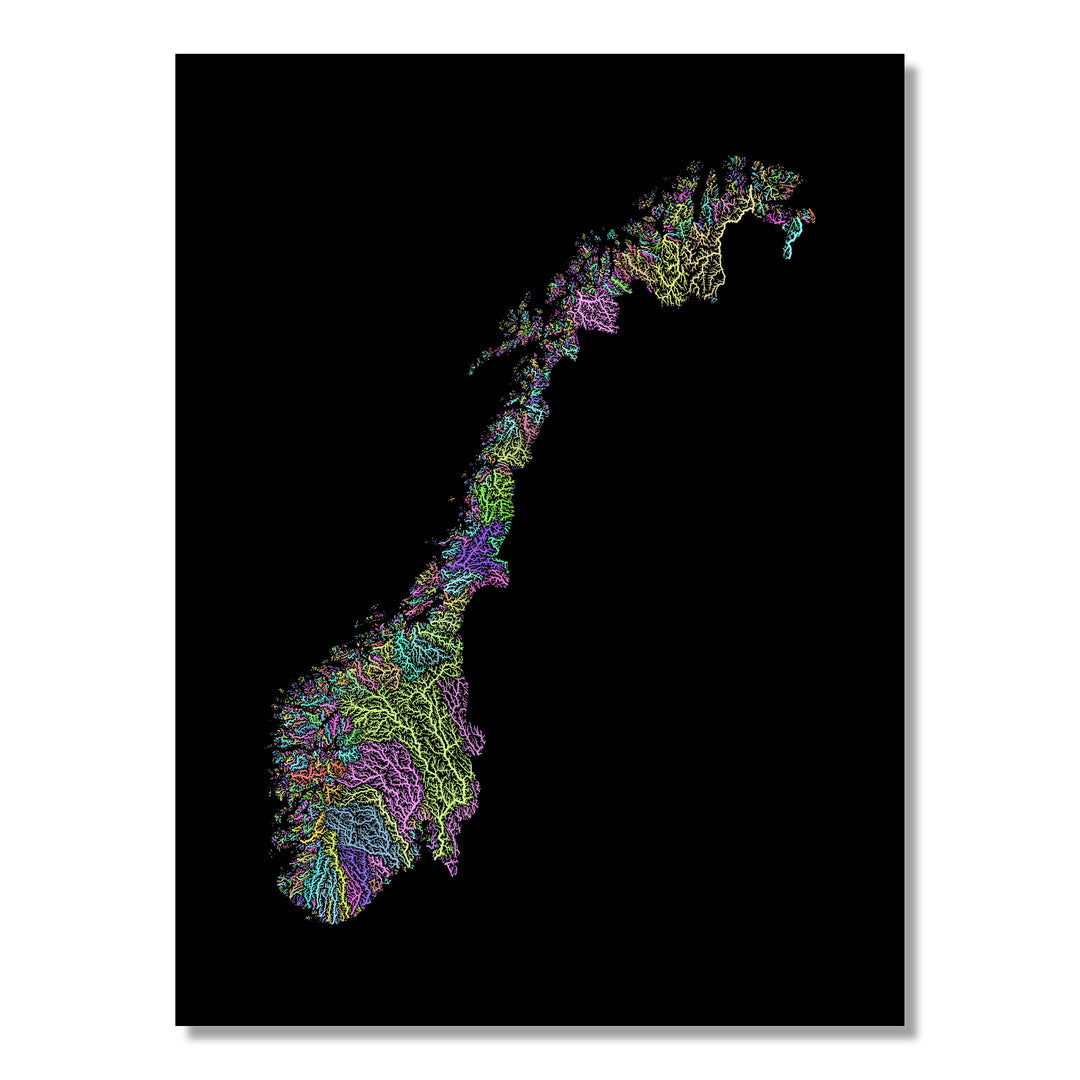 Norway - River basin map, pastel colours - Wall Art by Grasshopper Geography. Image of a high-resolution map created by geographer Robert Szucs, available as wall art and for licensing.