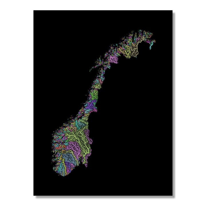 Norway - River basin map, pastel colours - Wall Art by Grasshopper Geography. Image of a high-resolution map created by geographer Robert Szucs, available as wall art and for licensing.