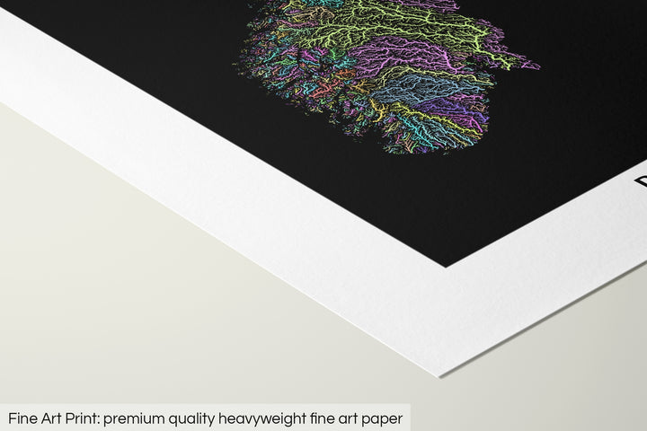 Closeup of a fine art print's corner lying on a flat surface, the details of a Grasshopper Geography map is visible. The text at the bottom reads: Fine art print - premium quality heavyweight fine art paper.