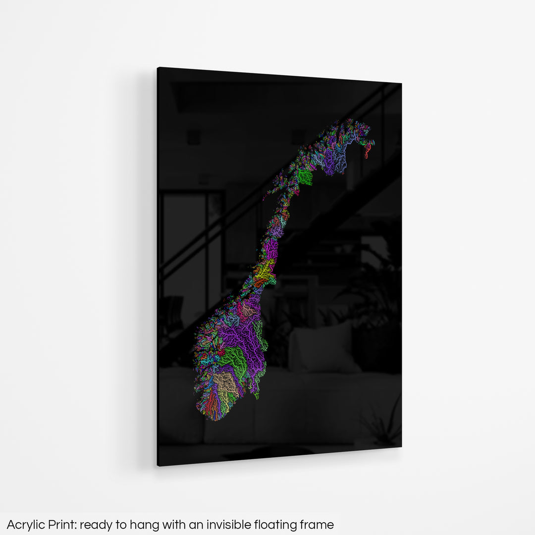 A colourful Grasshopper Geography map hanging on a white wall. The text at the bottom reads: Acrylic print - ready to hang with an invisible floating frame.