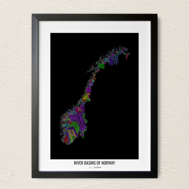 A colorful Grasshopper Geography river map on a light wall. The premium fine art poster is in a black frame with a white border. The name of the country, continent or region is printed under the image.