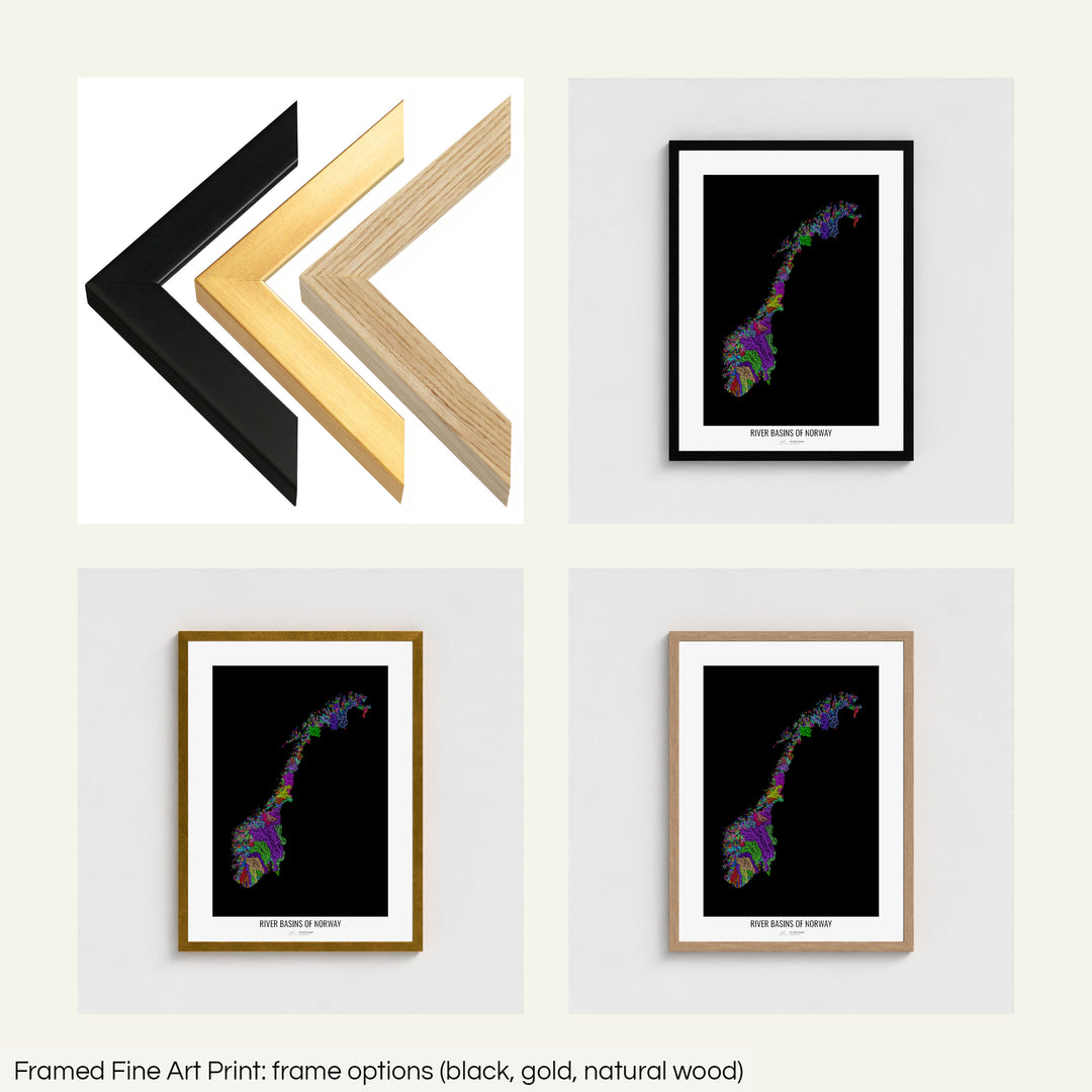 The image shows the different frames available at Grasshopper Geography's map shop: black, golden and natural wood. The image is a collection of four smaller pictures: the first one shows the wooden frames up close, the other three are mockups of the printed map in each frame.