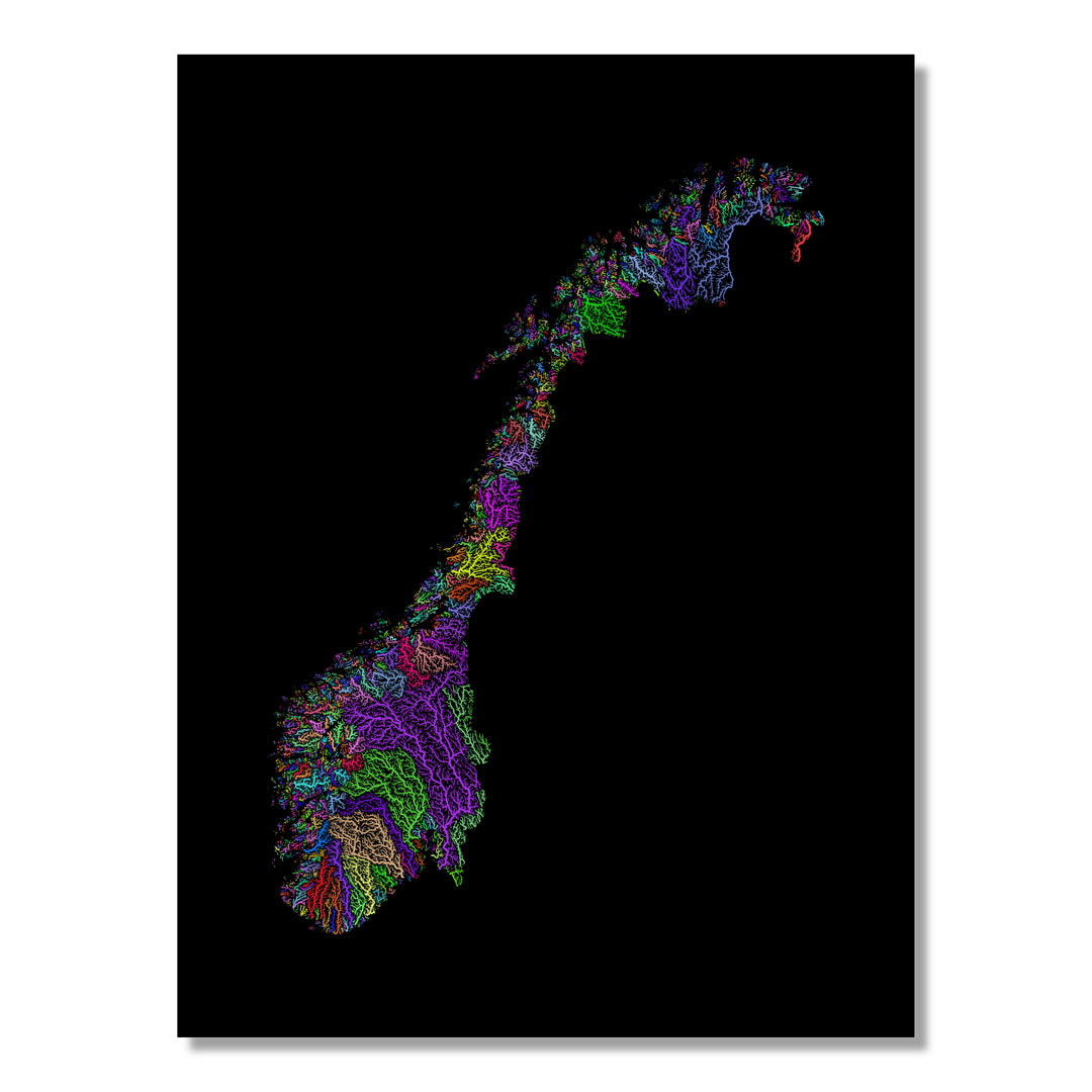Norway - River basin map, rainbow colours - Wall Art by Grasshopper Geography. Image of a high-resolution map created by geographer Robert Szucs, available as wall art and for licensing.