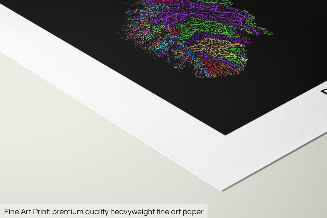 Closeup of a fine art print's corner lying on a flat surface, the details of a Grasshopper Geography map is visible. The text at the bottom reads: Fine art print - premium quality heavyweight fine art paper.