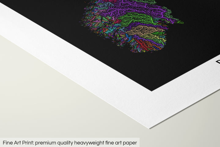 Closeup of a fine art print's corner lying on a flat surface, the details of a Grasshopper Geography map is visible. The text at the bottom reads: Fine art print - premium quality heavyweight fine art paper.