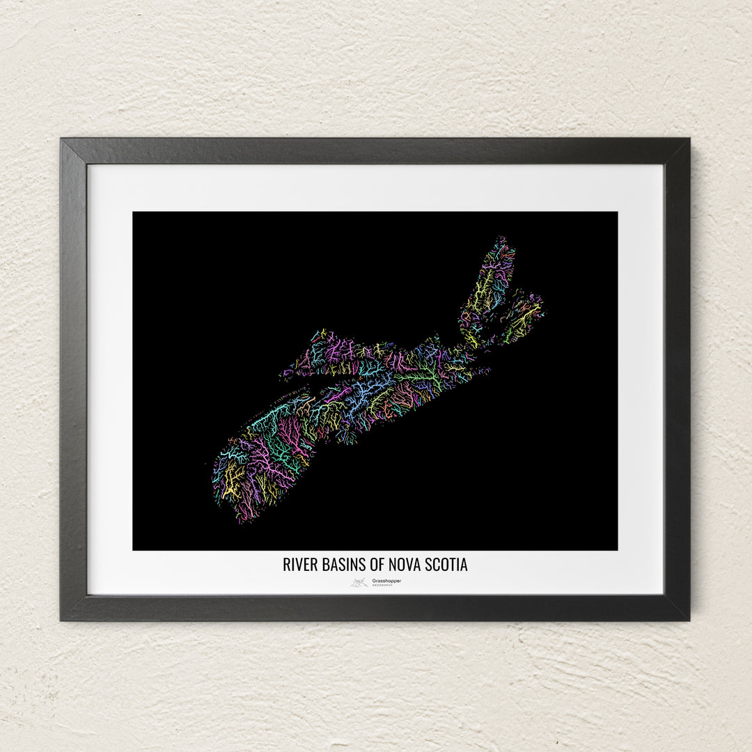 A colorful Grasshopper Geography river map on a light wall. The premium fine art poster is in a black frame with a white border. The name of the country, continent or region is printed under the image.