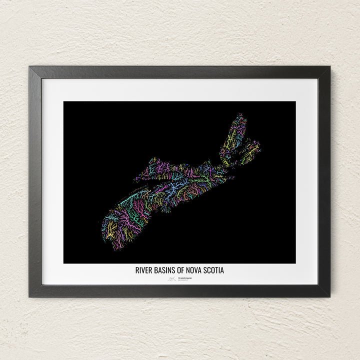 A colorful Grasshopper Geography river map on a light wall. The premium fine art poster is in a black frame with a white border. The name of the country, continent or region is printed under the image.