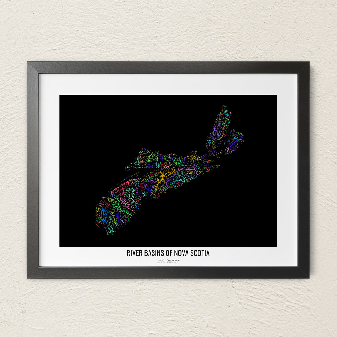 A colorful Grasshopper Geography river map on a light wall. The premium fine art poster is in a black frame with a white border. The name of the country, continent or region is printed under the image.