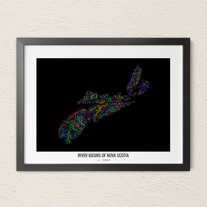 A colorful Grasshopper Geography river map on a light wall. The premium fine art poster is in a black frame with a white border. The name of the country, continent or region is printed under the image.