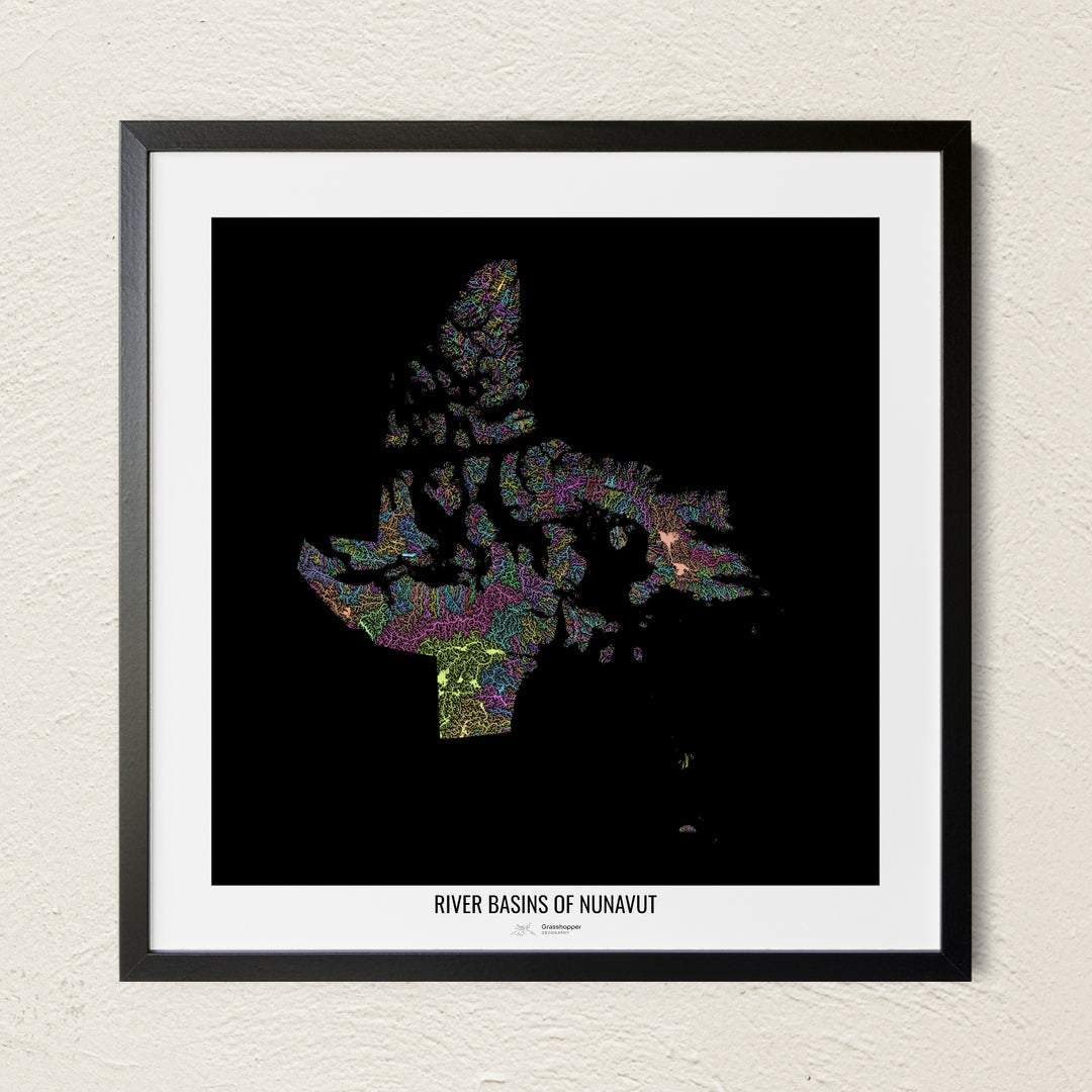 A colorful Grasshopper Geography river map on a light wall. The premium fine art poster is in a black frame with a white border. The name of the country, continent or region is printed under the image.