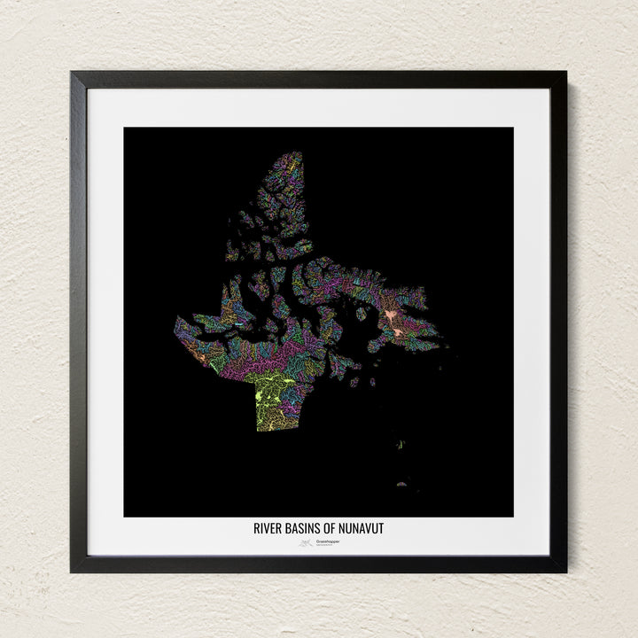 A colorful Grasshopper Geography river map on a light wall. The premium fine art poster is in a black frame with a white border. The name of the country, continent or region is printed under the image.
