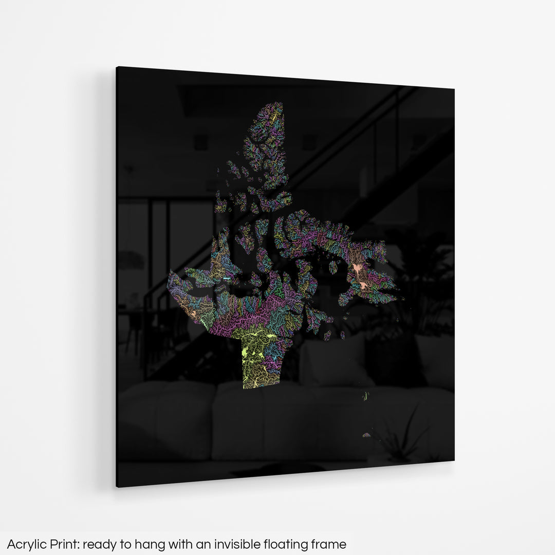 A colourful Grasshopper Geography map hanging on a white wall. The text at the bottom reads: Acrylic print - ready to hang with an invisible floating frame.