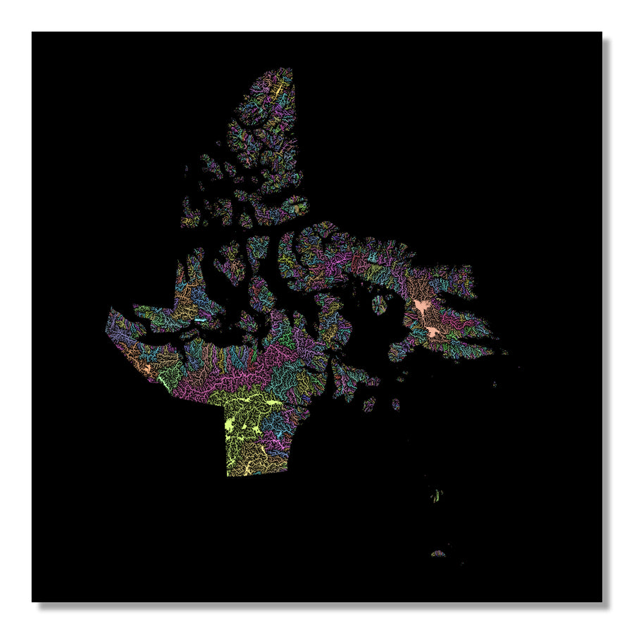 Nunavut - River basin map, pastel colours - Wall Art by Grasshopper Geography. Image of a high-resolution map created by geographer Robert Szucs, available as wall art and for licensing.