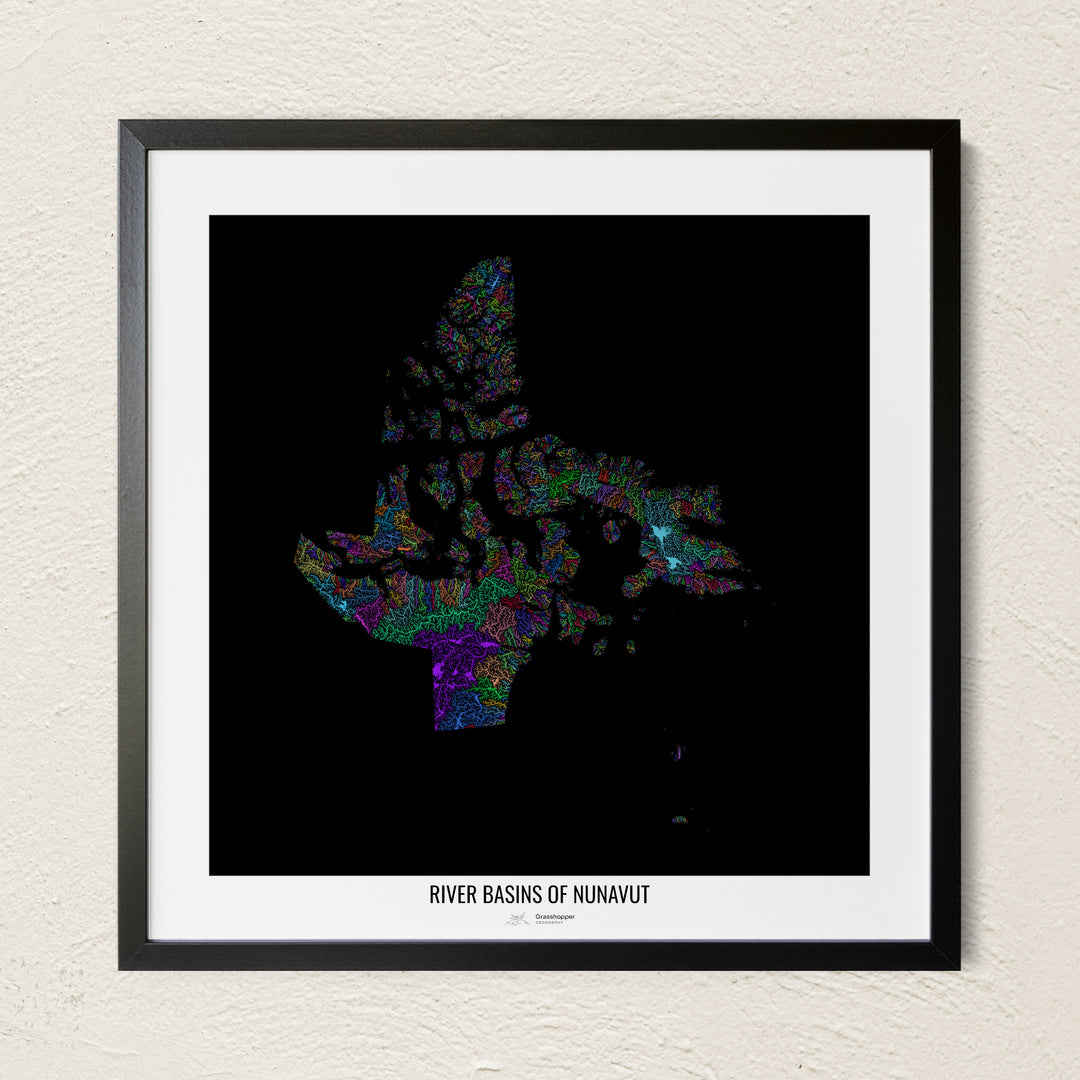 A colorful Grasshopper Geography river map on a light wall. The premium fine art poster is in a black frame with a white border. The name of the country, continent or region is printed under the image.