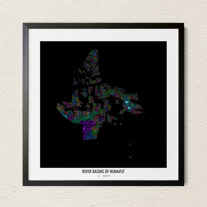 A colorful Grasshopper Geography river map on a light wall. The premium fine art poster is in a black frame with a white border. The name of the country, continent or region is printed under the image.