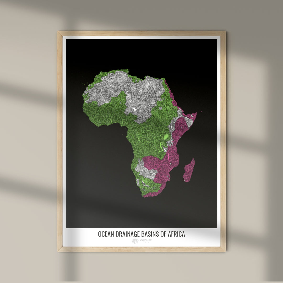 Afrique - Carte des bassins hydrographiques océaniques, noir v1 - Tirage photo artistique