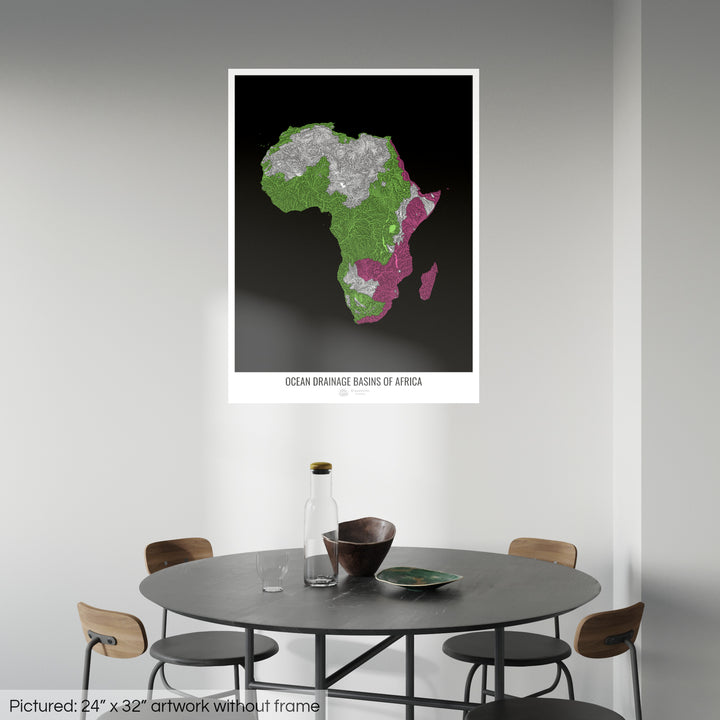 Afrique - Carte des bassins hydrographiques océaniques, noir v1 - Tirage photo artistique