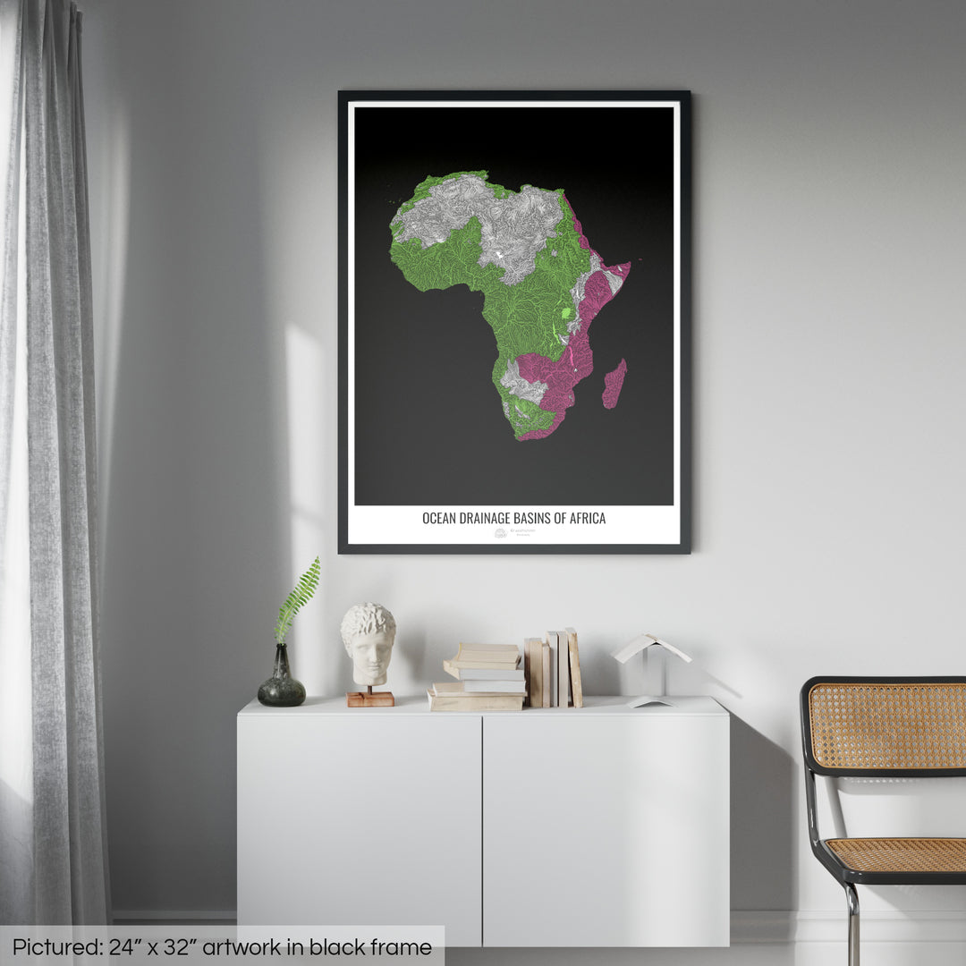 Africa - Ocean drainage basin map, black v1 - Framed Print