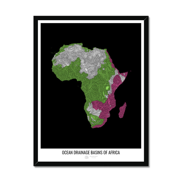 Africa - Ocean drainage basin map, black v1 - Framed Print