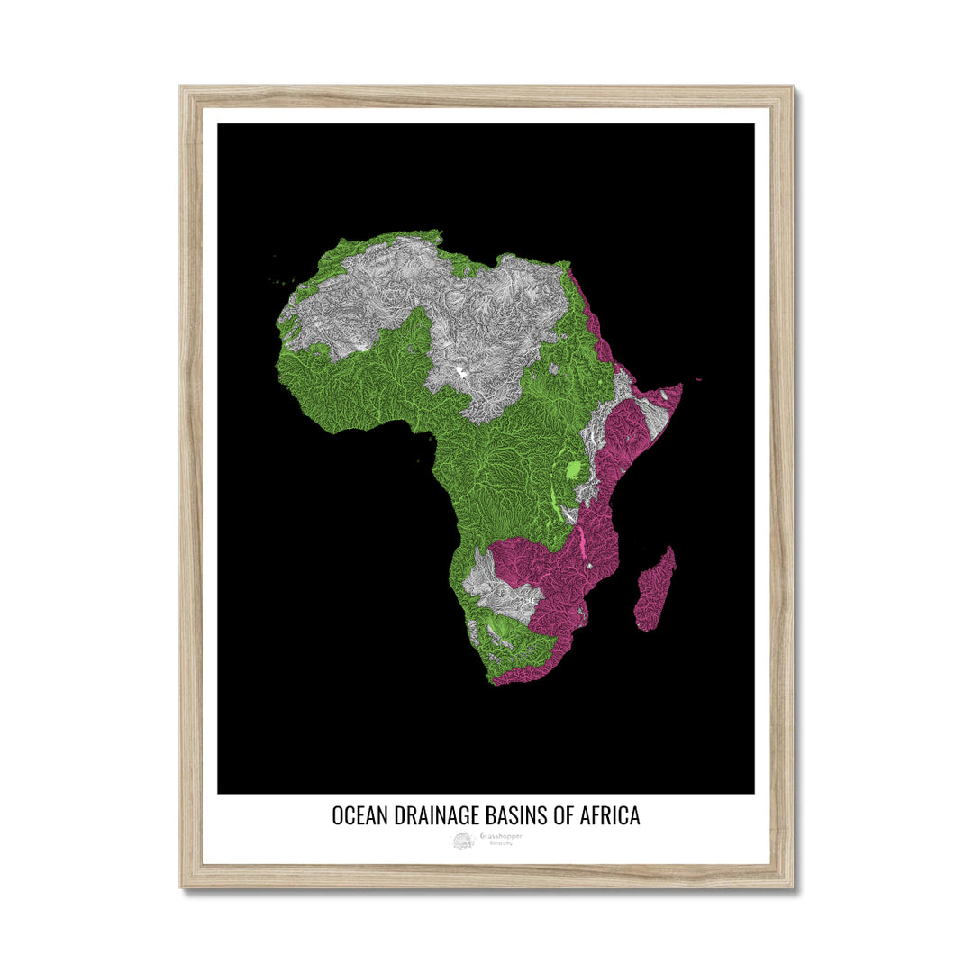 Africa - Ocean drainage basin map, black v1 - Framed Print