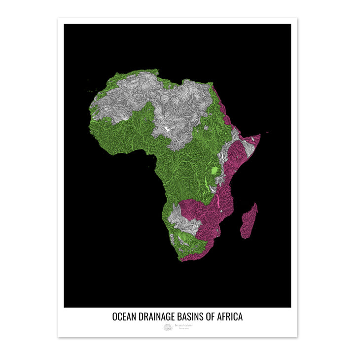 África - Mapa de la cuenca hidrográfica del océano, negro v1 - Impresión fotográfica