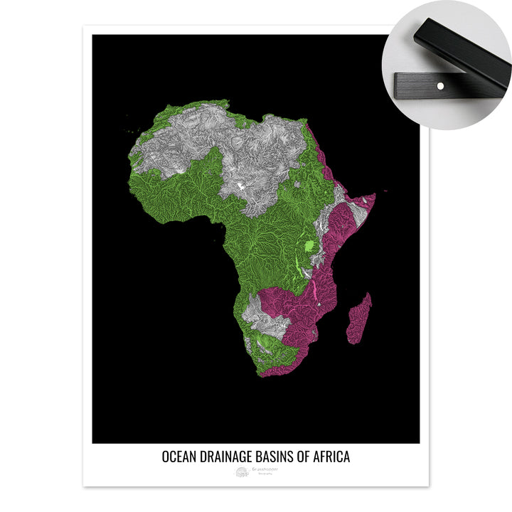 Africa - Ocean drainage basin map, black v1 - Fine Art Print with Hanger