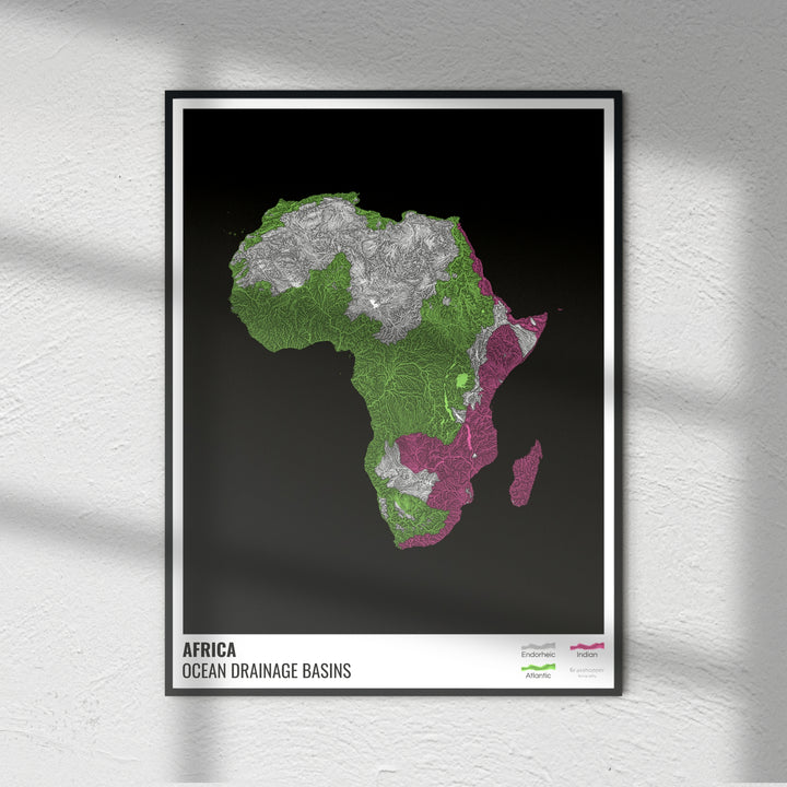 África - Mapa de la cuenca hidrográfica del océano, negro con leyenda v1 - Impresión de bellas artes