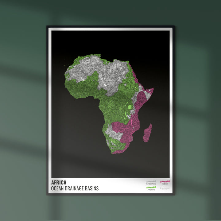 África - Mapa de la cuenca hidrográfica del océano, negro con leyenda v1 - Impresión fotográfica